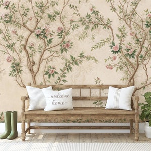 Chinoiserie Wallpaper Mural, Chinoiserie Wall Decal, Peel and Stick Wallpaper, Flowers Trees Wallpaper, Chinese Mural Wallpaper Removable