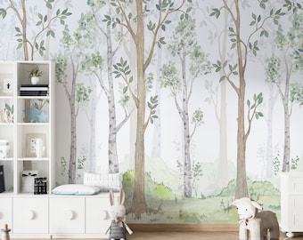 Woodland Wallpaper Nursery, Forest Animal Wall Murals, Pastel Pink ...