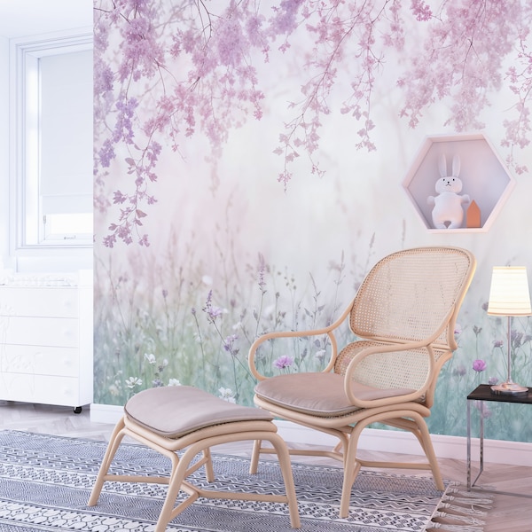 Mural de papel pintado con diseño de bosque encantado, diseño floral pastel, autoadhesivo