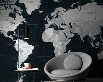 Dark World Map Wallpaper, Large World Map Wall Decal Sticker, Detailed World Map Wall Art Poster, United States World Map Wallpaper Mural