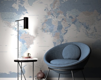 Blue and White World Map Wall Mural, Peel and Stick Wallpaper