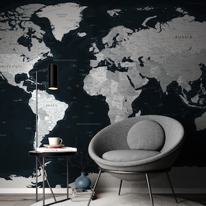 Dark World Map Wallpaper, Large World Map Wall Decal Sticker, Detailed World Map Wall Art Poster, United States World Map Wallpaper Mural