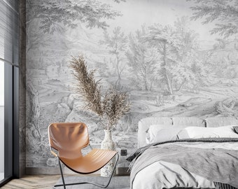 Black and White Forest Wallpaper, Vintage Scenic Landscape, Peel and Stick Mural