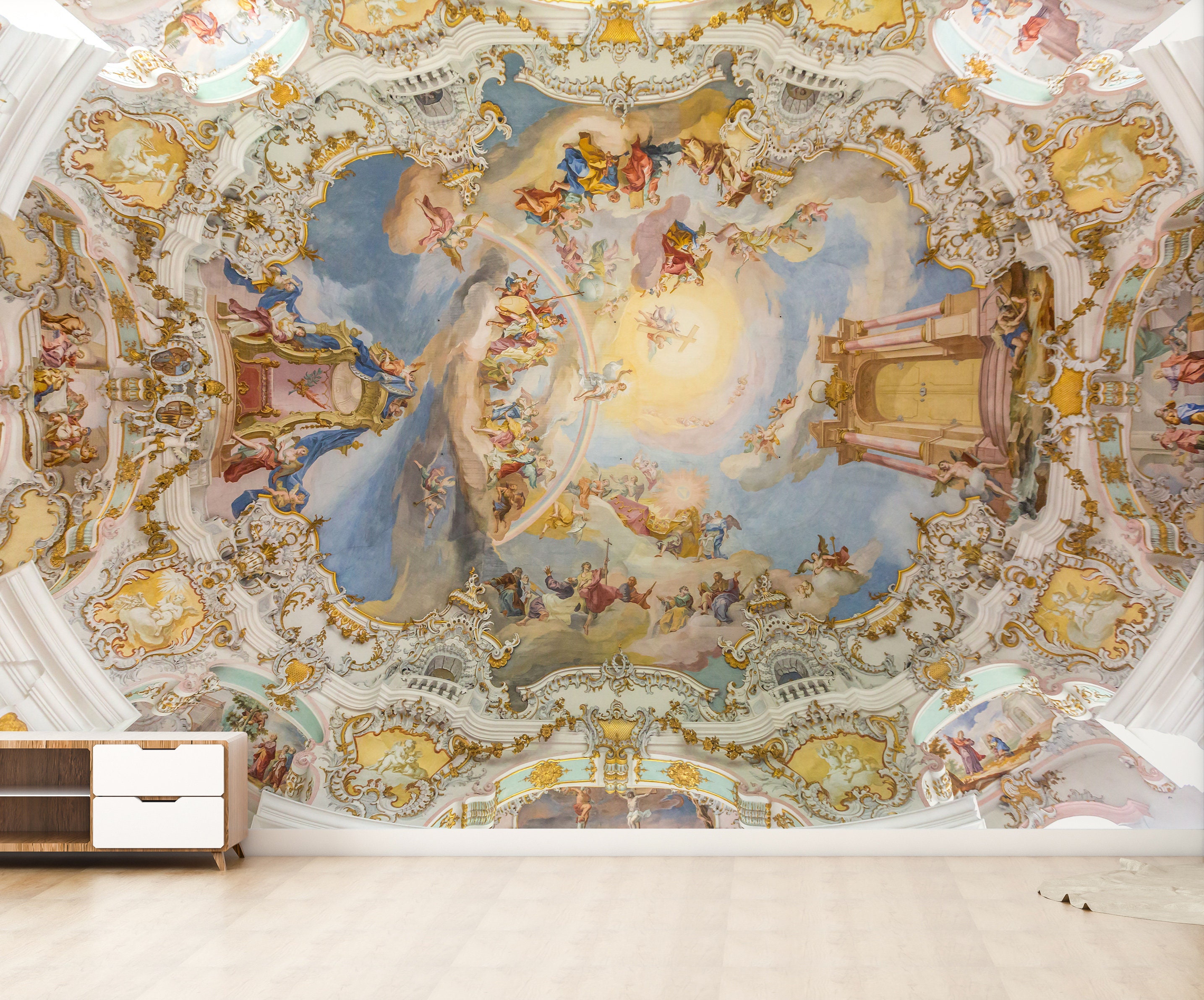 Rococo Baroque Art Painting Wallpaper, Sanctuary Ceiling Wallpaper ...