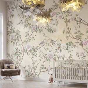 Chinoiserie-Tapete Wandbild Beige, Vogel-Äste-Tapete, Blumenbaum-Tapete, Tapete zum Abziehen und Aufkleben, Normale Tapete