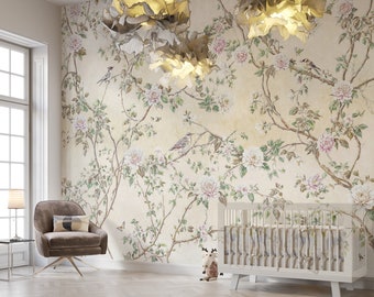 Beige Chinoiserie Wallpaper Mural, Birds and Flowers, Peel and Stick
