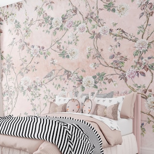 Rosa Chinoiserie Tapete, Schlafzimmer Wandpapier Wandbild, Mädchen Zimmer Tapete, Vögel Weiße Blumen Tapete, Selbstklebende Tapete
