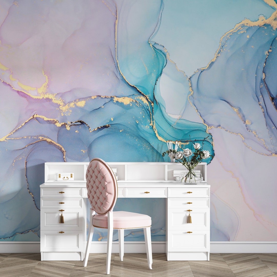 Pink and Blue Marble Wallpaper Peel and Stick, Soft Marble Wall Mural