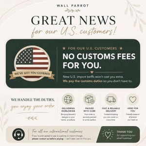 以下が含まれることがあります： Wall Parrotによる情報グラフィック。アメリカの顧客向けに「NO CUSTOMS FEES FOR YOU」と書かれたダークグリーンのバナーが特徴です。円形の米国旗アイコン、輸入関税に関するテキスト、世界配送、丁寧な梱包、信頼できる配送、カスタマーサポートを表す4つの小さなアイコンが含まれています。