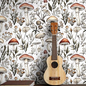 Mushroom Botanical Wallpaper | Peel and Stick or Traditional | Cottage Core Fungi Nature Wall Decor | Woodland Home Decor