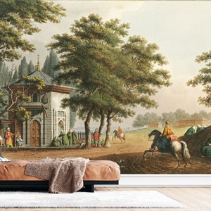 Landscape Wallpaper, Medieval Wallpaper,Vintage Village View Wallpaper, Peel and Stick Landscape, Removable Wall Mural,Landscape Mural