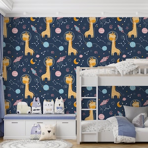 Space Animals Kids Wallpaper Peel and Stick,Spaceship Wall Mural,Giraffe Nursery Removable Wallpaper,Space Kids Home Decor