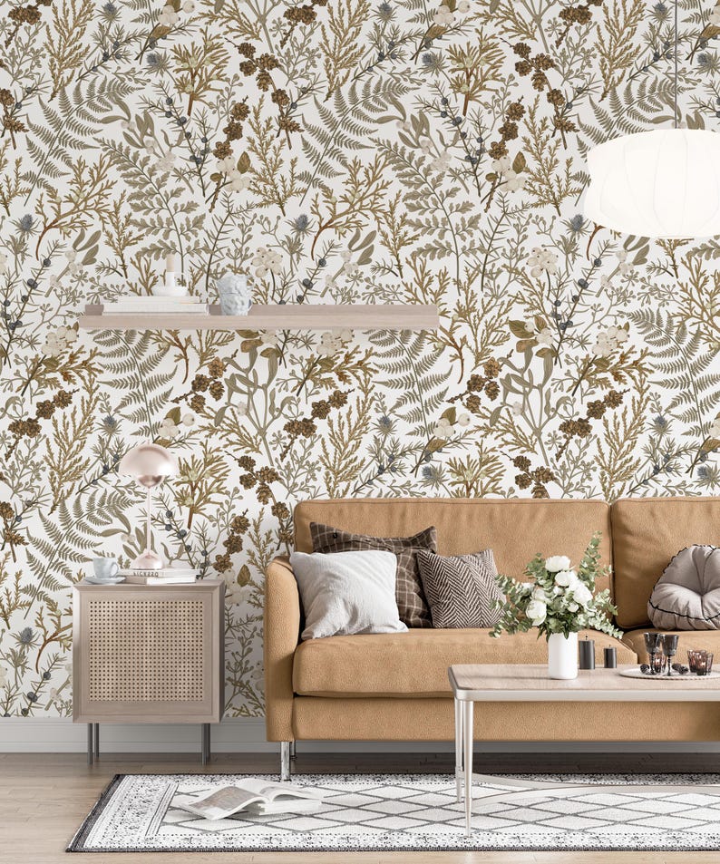 Neutral Botanical Wallpaper, Beige Brown Herbs, Peel and Stick Mural - Etsy