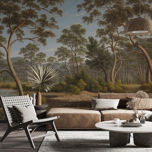 Forest Landscape Wallpaper Mural, Nature Wall Art, Large Scenic Wall Decor, Greenery Wall Mural, Peel and Stick or Traditional