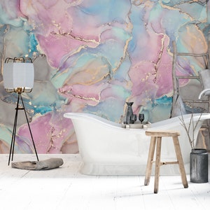 Pink and Blue Abstract Marble Wallpaper Peel and Stick,Soft Purple Marble Wall Mural,Marble Look Removable Wallpaper,Abstract Art Decor,
