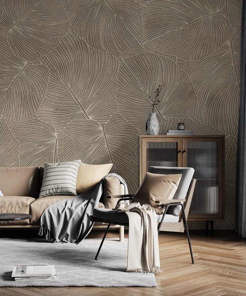 Beige Leaf Wallpaper, Modern Botanical Wall Decor, Peel and Stick - Etsy