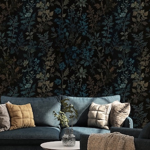 Blaue Blätter schwarze florale Tapete Wandbild, Schälen und Stick-Tapete, abnehmbare traditionelle Tapete, Vintage schwarze florale Tapete Wandbild