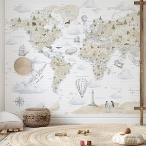 Beige Watercolor World Map Wallpaper, Animals World Map, Planes World Map, Compass World Map, Cities Countries World Map, Peel and Stick