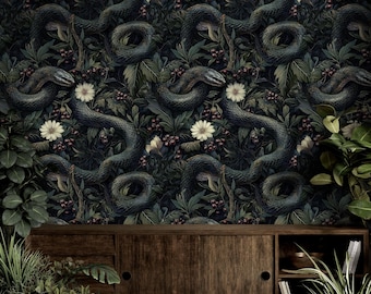 Dark Jungle Snakes Wallpaper, Floral Leaves, Peel and Stick Mural