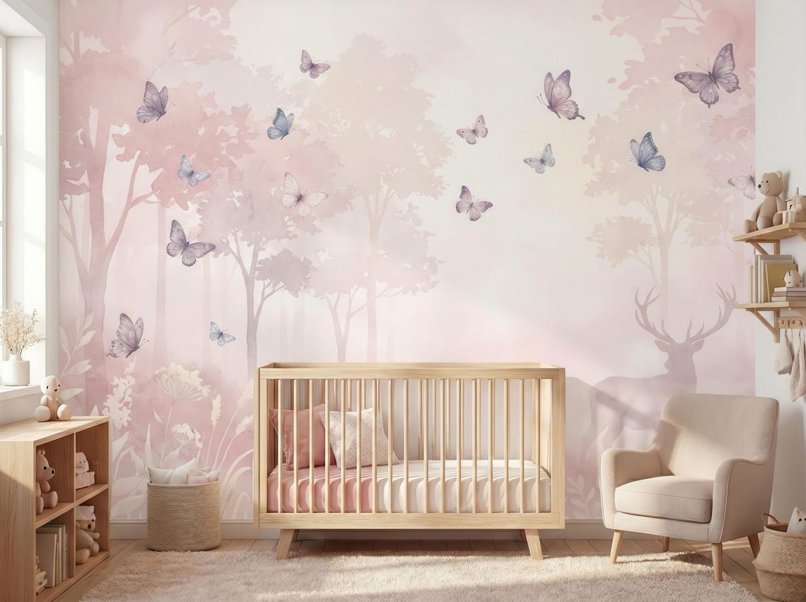 Pink Forest Nursery Wallpaper, Butterfly Wall Mural, Peel and Stick ...