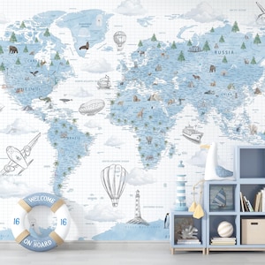 Blaue Aquarell Kinder Weltkarte, Luftballons Flugzeuge und Tiere Weltkarte, Detaillierte Weltkarte für Kinder, Weltkarte Poster, Jungenzimmer Weltkarte, für Kinder