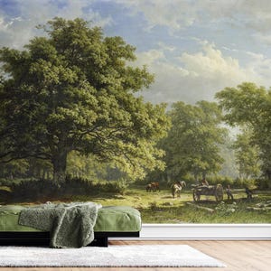Pastoral Landscape Wall Mural, Country Scene Wallpaper, Vintage Forest Art, Peel and Stick or Traditional, Nature Home Decor