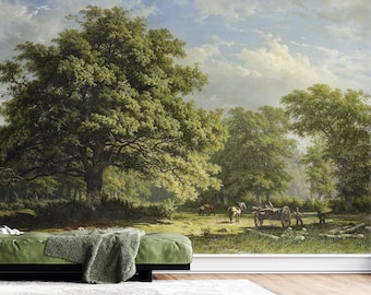 Pastoral Landscape Wall Mural, Vintage Countryside Scene, Peel and Stick Wallpaper