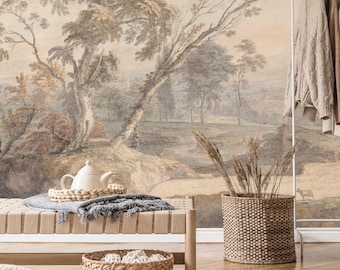 Vintage Landscape Wallpaper Mural, Old Trees Landscape Wallpaper, Neutral Colors Tree Scene Wall Art Print, Traditional Removable Wallpaper