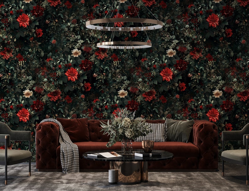 Dark Floral Wallpaper, Red Flower Botanical Wall Mural, Removable ...