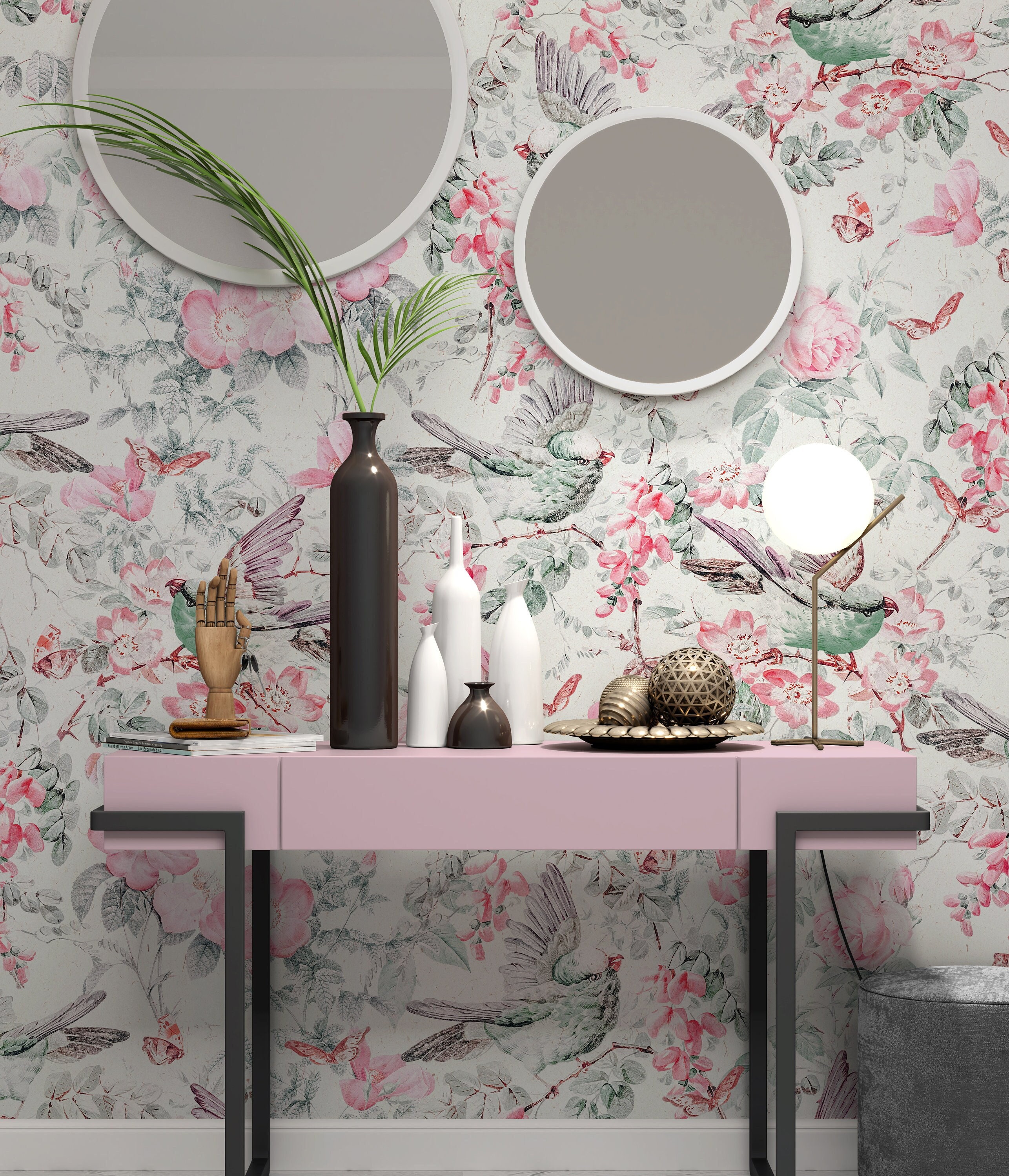 Watercolor Pink Floral Wallpaper, Birds and Flowers, Removable or ...