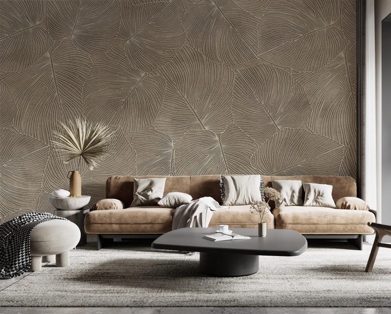 Beige Leaf Wallpaper, Modern Botanical Wall Decor, Peel and Stick - Etsy