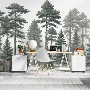 Forest Pine Tree Wallpaper Mural - Peel and Stick or Traditional - Green Woodland Wall Decor for Nursery, Living Room, Bedroom