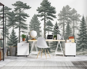 Forest Pine Tree Wallpaper Mural - Woodland Wall Decor, Peel and Stick