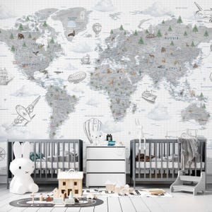 Graue Aquarell Kinder Weltkarte, Wolken Flugzeuge und Tiere Weltkarte, Detaillierte Weltkarte für Kinderzimmer, Weltkarte Poster, Peel Stick Weltkarte