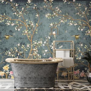 Carta da parati adesiva con motivi cinesi scuri, murale con uccelli cinesi e alberi, carta da parati rimovibile con motivi floreali damascati, arredamento vintage per la casa