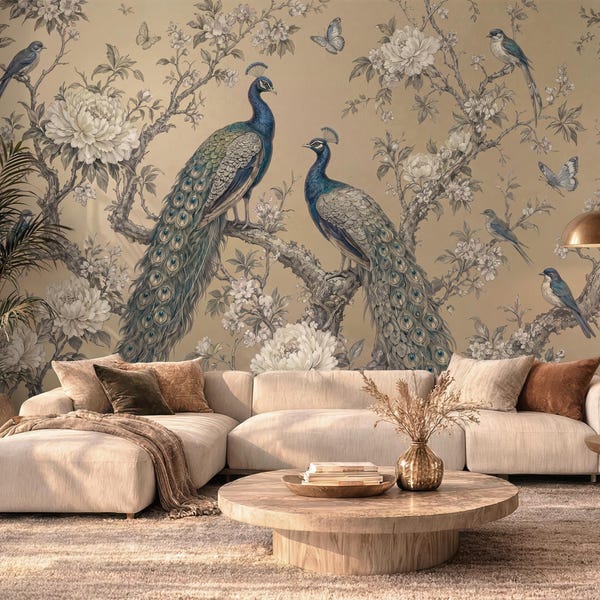 Beige påfågel Chinoiserie tapet, vintage blommig fågelväggmålning, botanisk självhäftande tapet (traditionell tillgänglig)