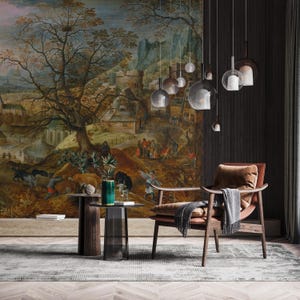 Papel pintado de paisaje renacentista, mural de estilo campestre europeo vintage, autoadhesivo o decoración de pared extraíble tradicional.