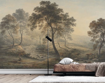 Landscape Wallpaper, Art Trees Painting Wallpaper,Vintage Forest Europe View Wallpaper, Peel and Stick, Removable Wall Mural,Landscape Mural