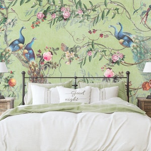 Farboptionen Chinoiserie Wallpaper, Aquarell Chinoiserie Wallpaper, Vintage Bäume Vögel Pfauen Wallpaper, Peel & Stick und Traditionell