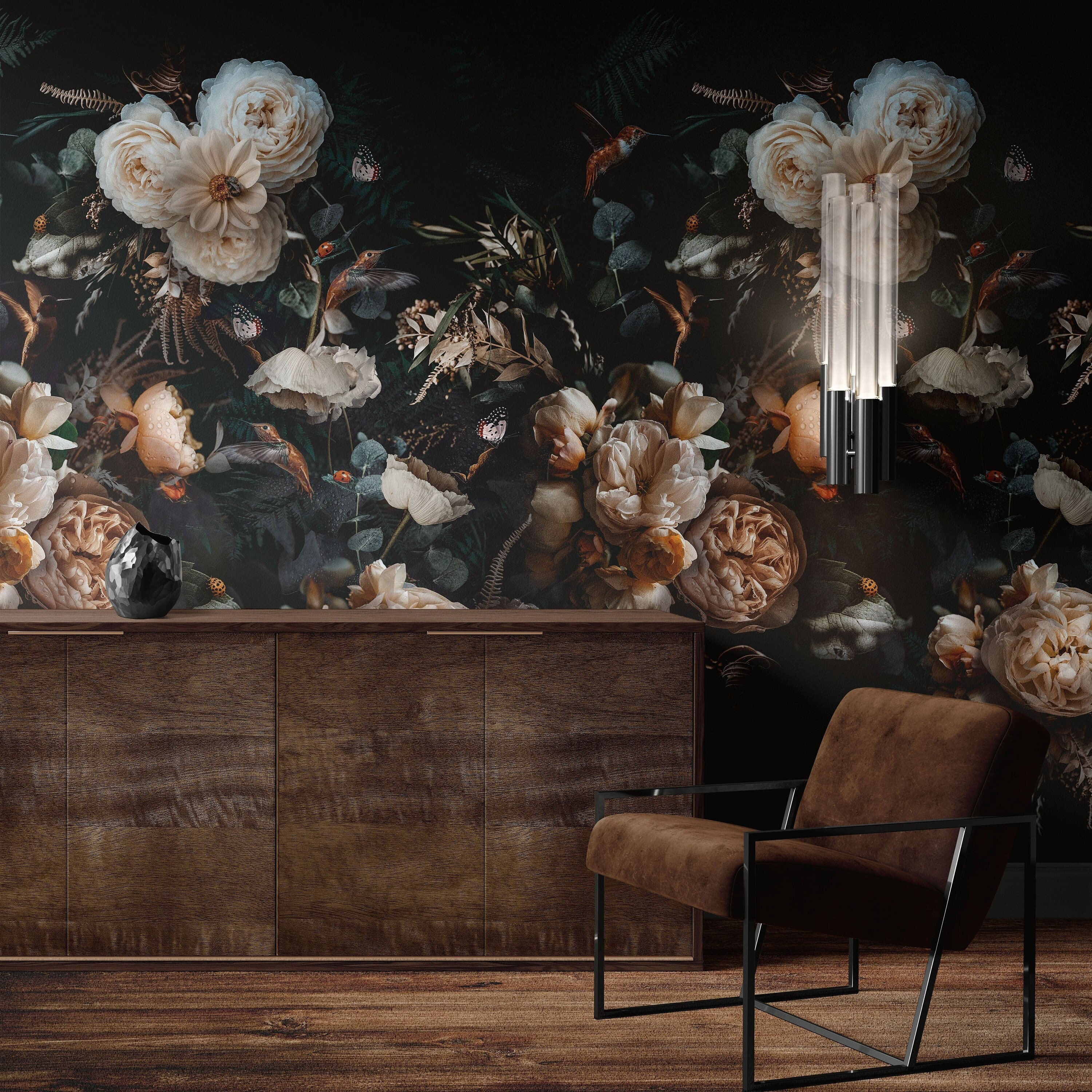 Dark Floral Wallpaper Mural, Vintage Botanical, Peel and Stick or ...