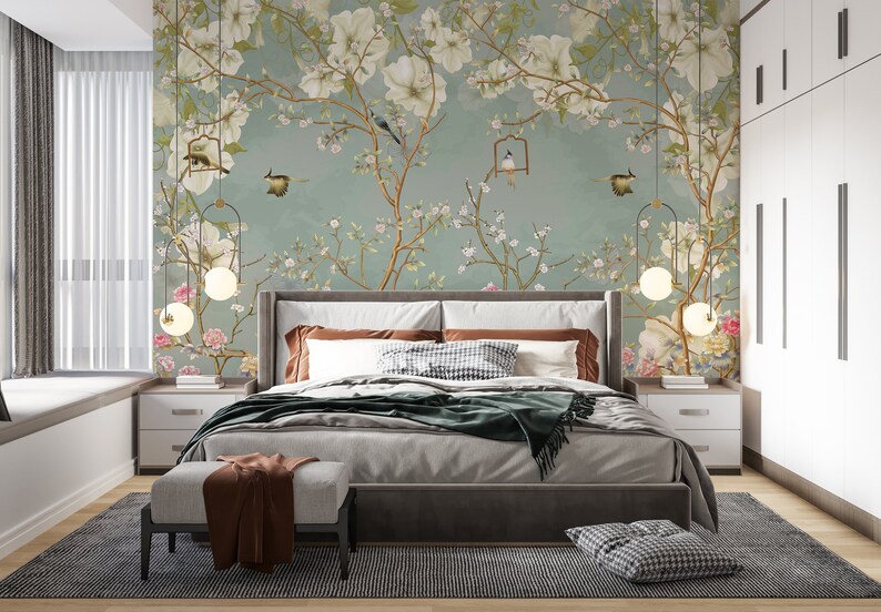 Watercolor Chinoiserie Wallpaper, Birds & Trees Wall Mural, Peel and ...