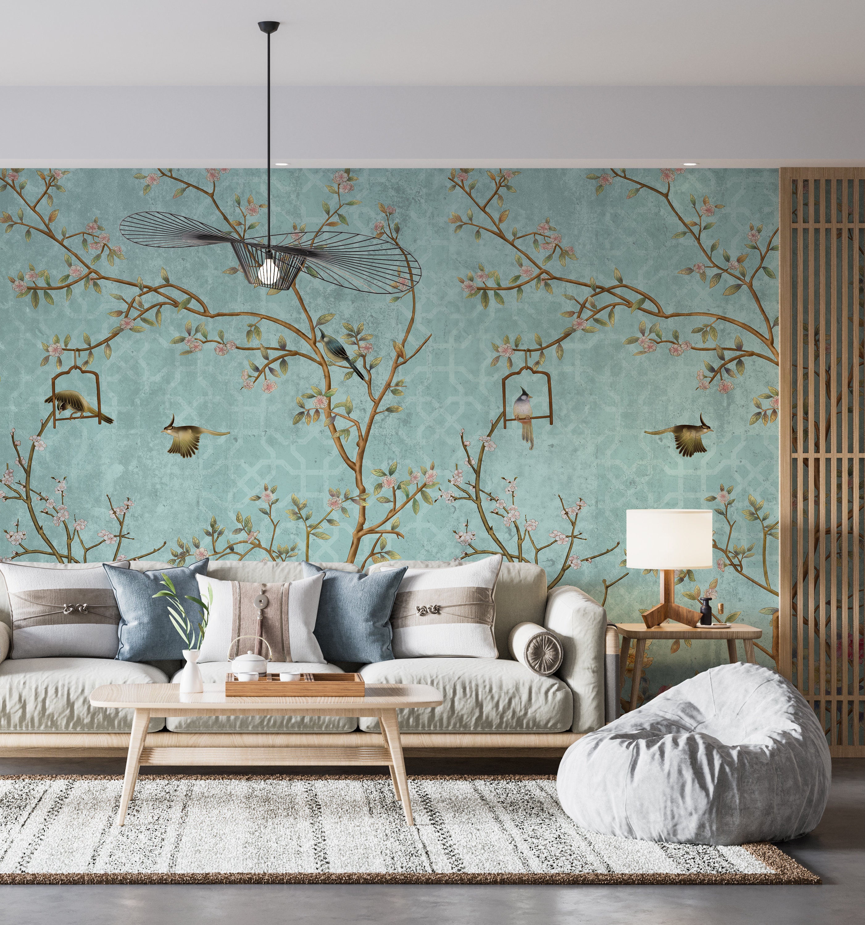 Blue Chinoiserie Wallpaper, Birds & Trees, Vintage Floral Wall Mural ...