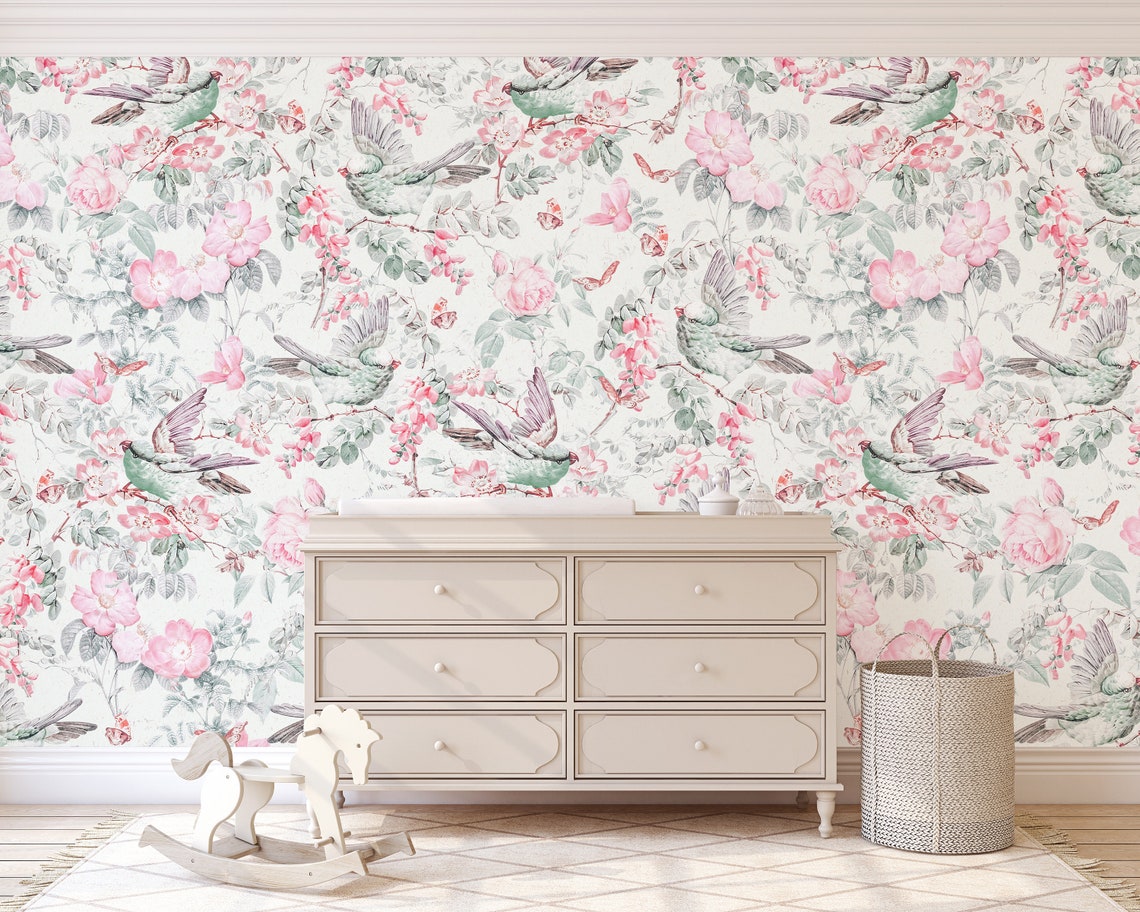 Watercolor Pink Floral Wallpaper, Birds and Flowers, Removable or ...