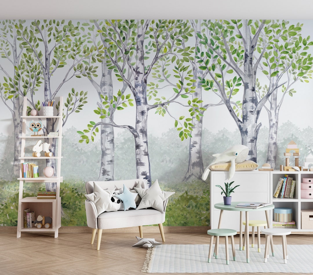 Watercolor Forest Wallpaper, Green Woodland Peel and Stick Wall Mural ...