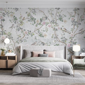 Gray Background Chinoiserie Mural Wallpaper, Chinoiserie Wall Art, Powder Room Wallpaper, Vintage Wallpaper, Traditional Bedroom Decor