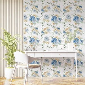 Blue Floral Wallpaper Peel and Stick,Green Botanical Wall Mural,Floral Pattern Removable Wallpaper, Floral Home Decor,Pastel Color Wallpaper