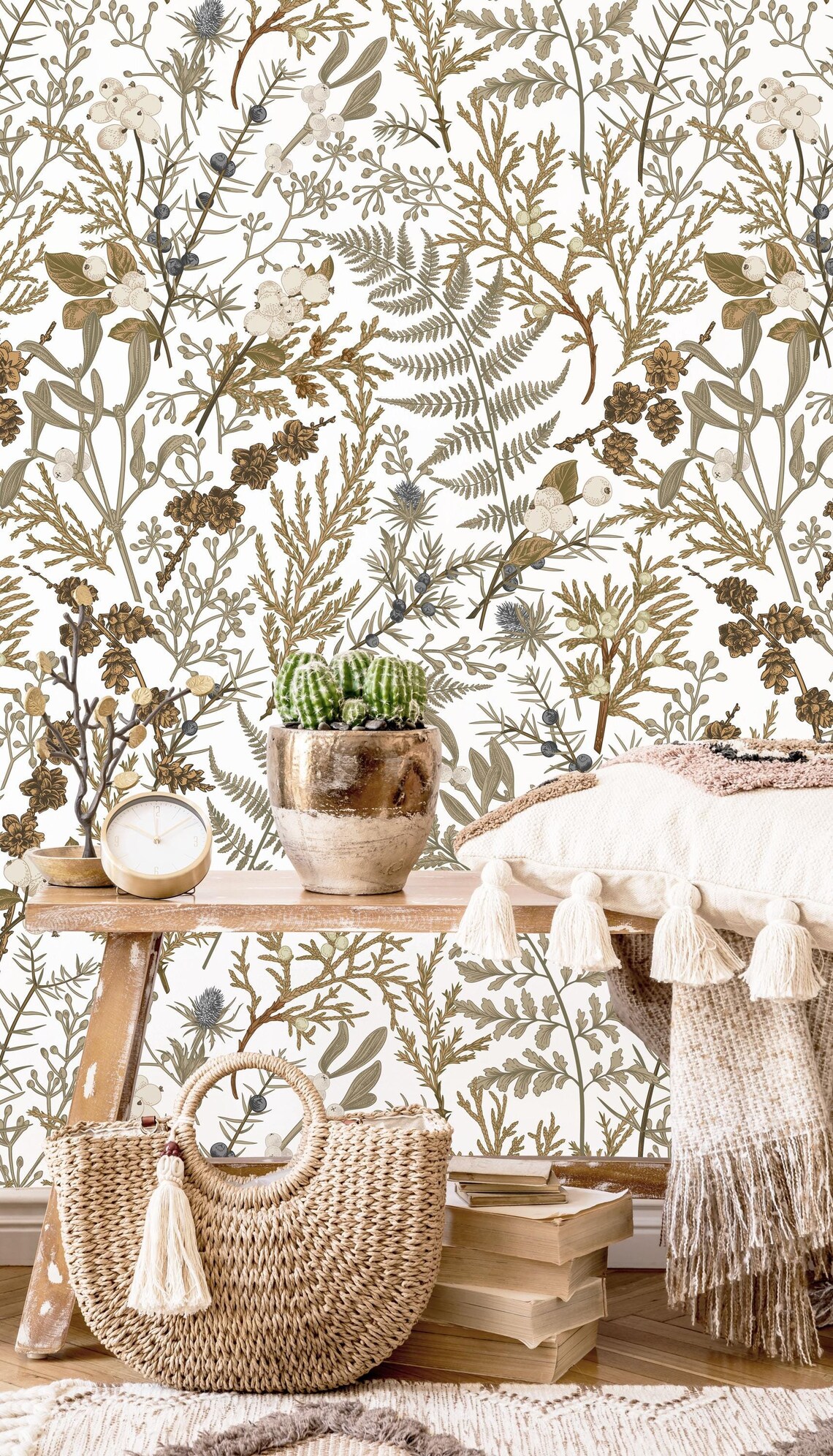 Neutral Botanical Wallpaper, Beige Brown Herbs, Peel and Stick Mural - Etsy