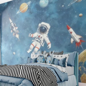 Papier peint astronaute sur le thème de l&#39;espace, papier peint fusée et galaxie pour chambre d&#39;enfant, papier peint aventure spatiale, impression d&#39;art mural