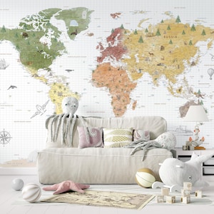 Dekorative Weltkarte Wandbild, Bunte Weltkarte für Kinder, USA Staaten Weltkarte Wallpaper, Erdfarben Weltkarte Kinderzimmer Peel Stick