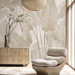 Beige Tropische Tapete Wandbild, Große Bananenblätter Wandbild, Traditionelle Normale Tapete, Selbstklebende Tapete Schälen und Aufkleben